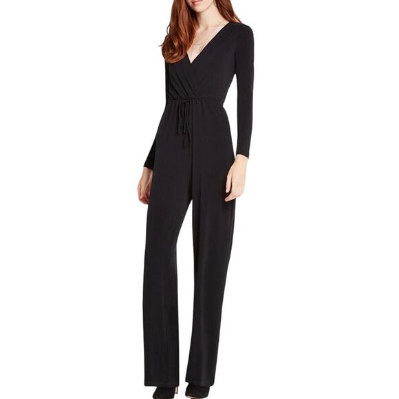 BCBGeneration Black Stretch Surplice V-neck Long Sleeve Cut Out Back Jumpsuit - Picture 2 of 14